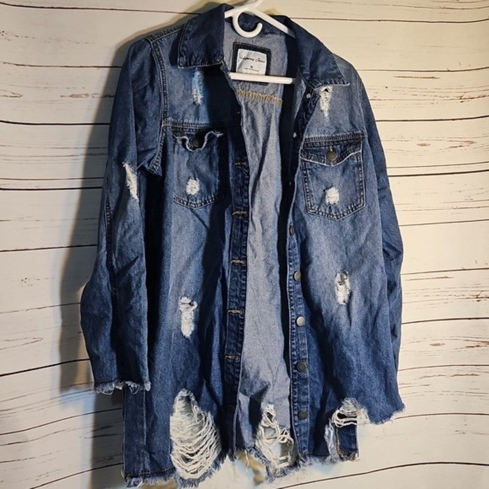 Highway Jeans Distressed Denim Jacket Medium Blue Jean Shacket,M